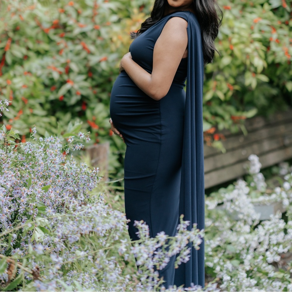 Club L London One-Shoulder Navy Maternity Gown with Draped Cape